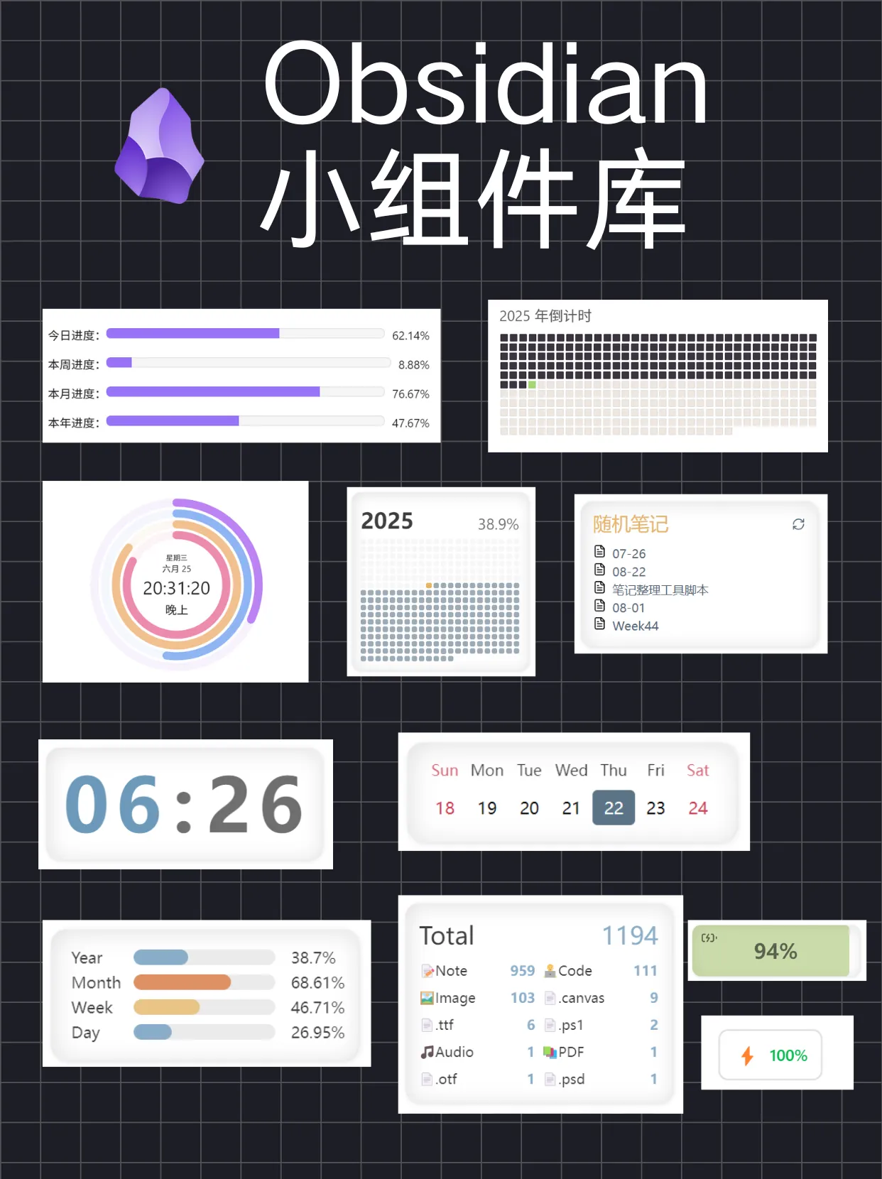 Obsidian美化：像Notion一样拥有动态小组件 (时间/电量/日历) | 插件+DataviewJS两种方法封面